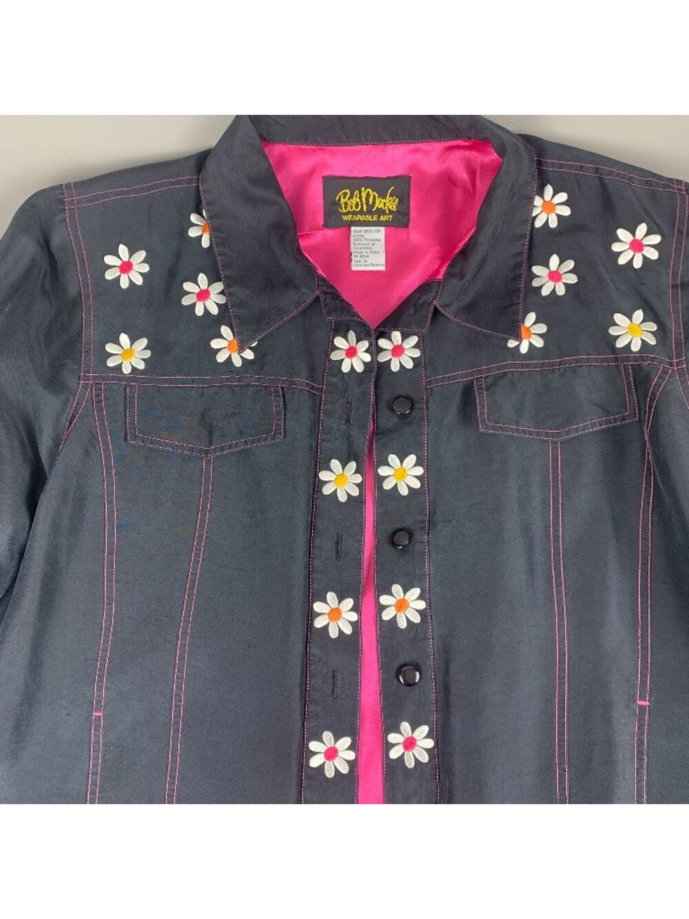 Bob Mackie Wearable Art Size 1X Black Silk Jacket Daisy Embroidery Pink Lining